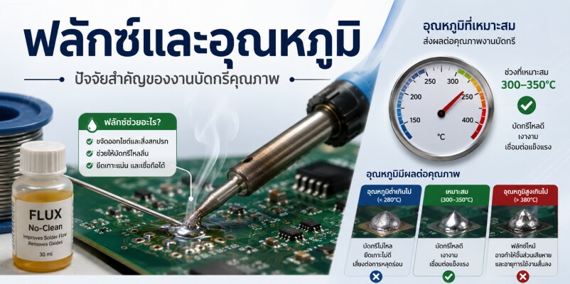 อินโฟกราฟิกฟลักซ์และอุณหภูมิที่เหมาะสมสำหรับงานบัดกรี