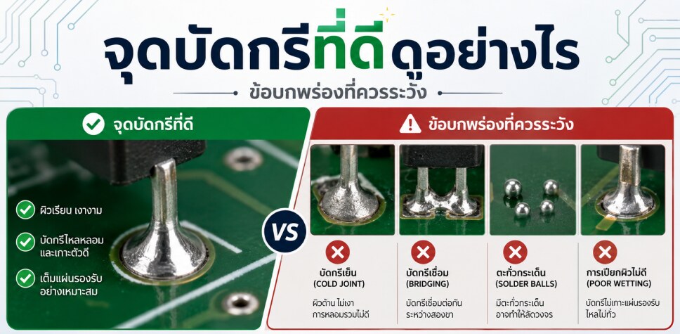 อินโฟกราฟิกเปรียบเทียบจุดบัดกรีที่ดีกับข้อบกพร่องที่ควรระวัง