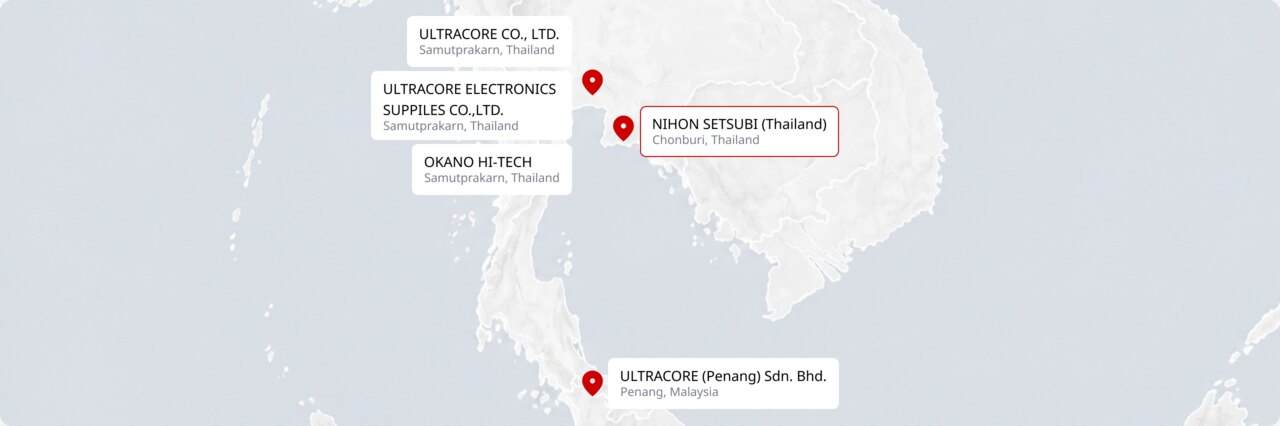 แผนที่ที่ตั้งกลุ่มบริษัท อุลตราคอร์ ในประเทศไทยและมาเลเซีย (เน้นตำแหน่ง NIHON SETSUBI)