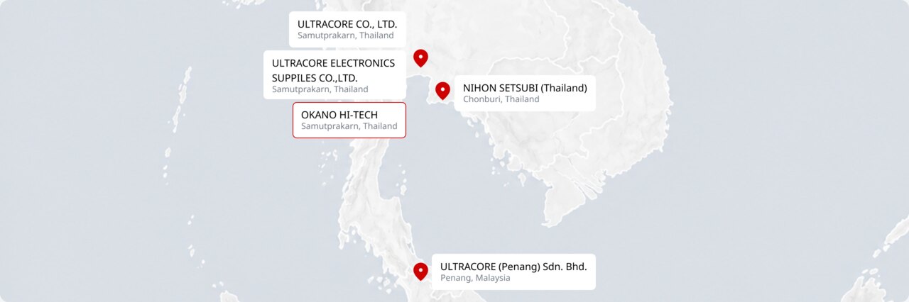 แผนที่ที่ตั้งกลุ่มบริษัท อุลตราคอร์ ในประเทศไทยและมาเลเซีย (เน้นตำแหน่ง OKANO HI-TECH)