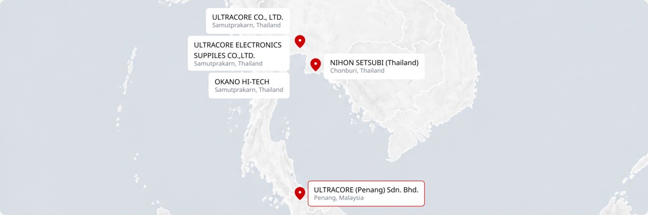 แผนที่ที่ตั้งกลุ่มบริษัท อุลตราคอร์ ในประเทศไทยและมาเลเซีย (เน้นตำแหน่ง Ultracore Penang)