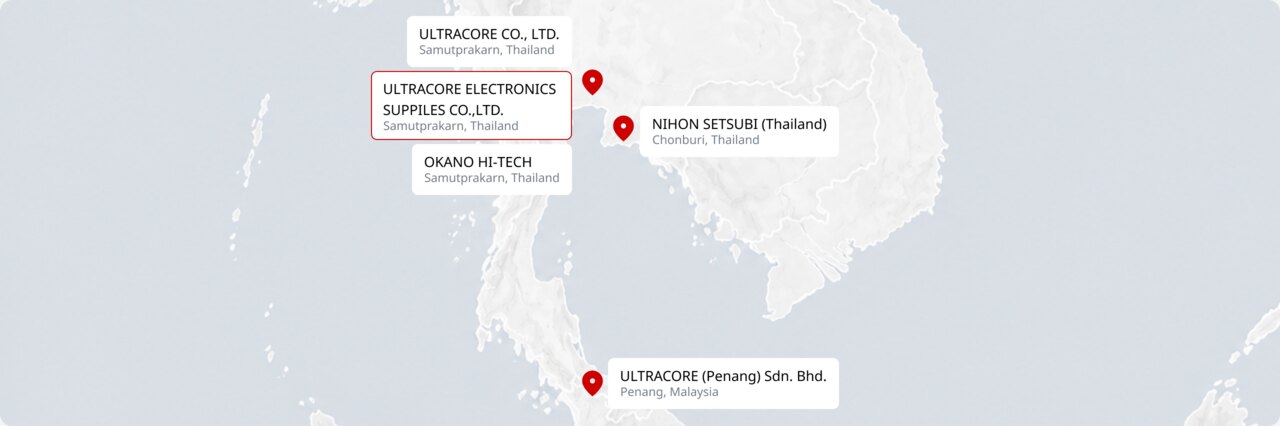 แผนที่ที่ตั้งกลุ่มบริษัท อุลตราคอร์ ในประเทศไทยและมาเลเซีย (เน้นตำแหน่ง Ultracore Electronics Supplies)