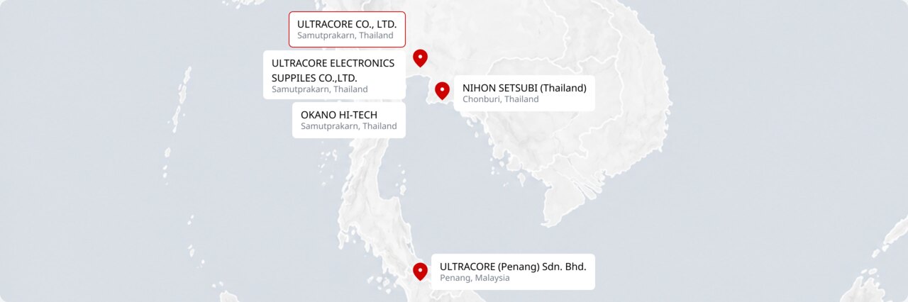 แผนที่ที่ตั้งกลุ่มบริษัท อุลตราคอร์ ในประเทศไทยและมาเลเซีย (เน้นตำแหน่ง Ultracore)